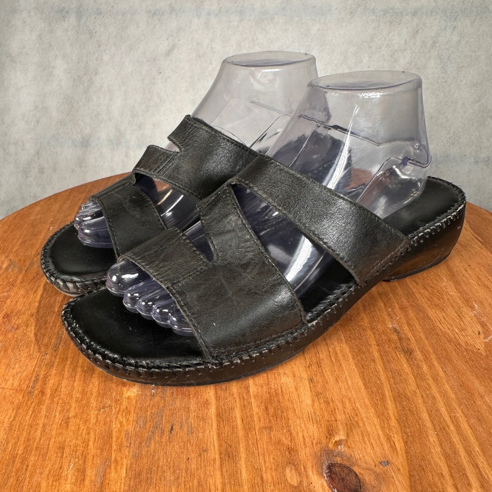 Naturalizer Slide Sandals Womens 9.5M Black Good Leather Wedge Whipstitch 0826